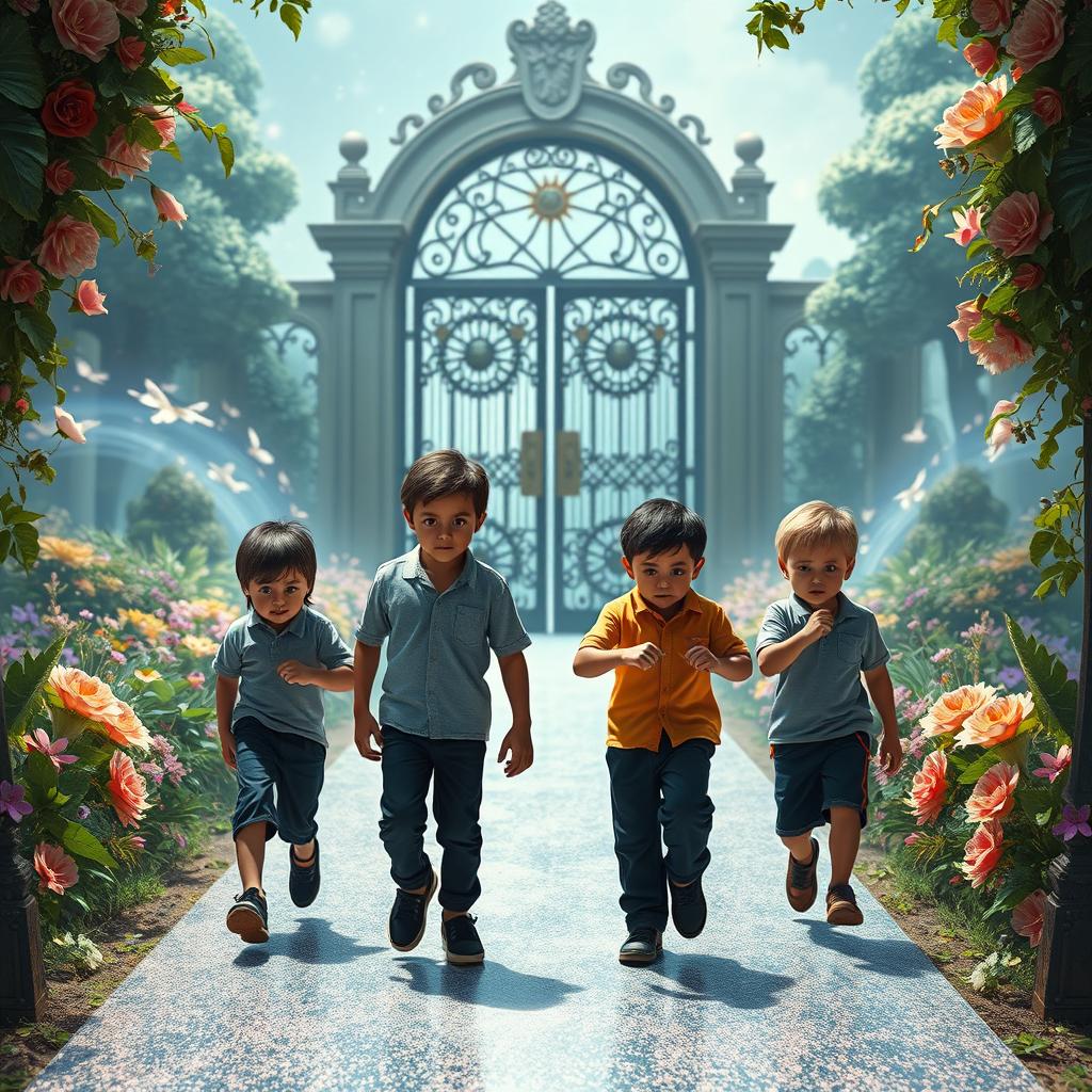 Four boys walking confidently, each with slightly angry expressions, on a shimmering path leading to a grand gate