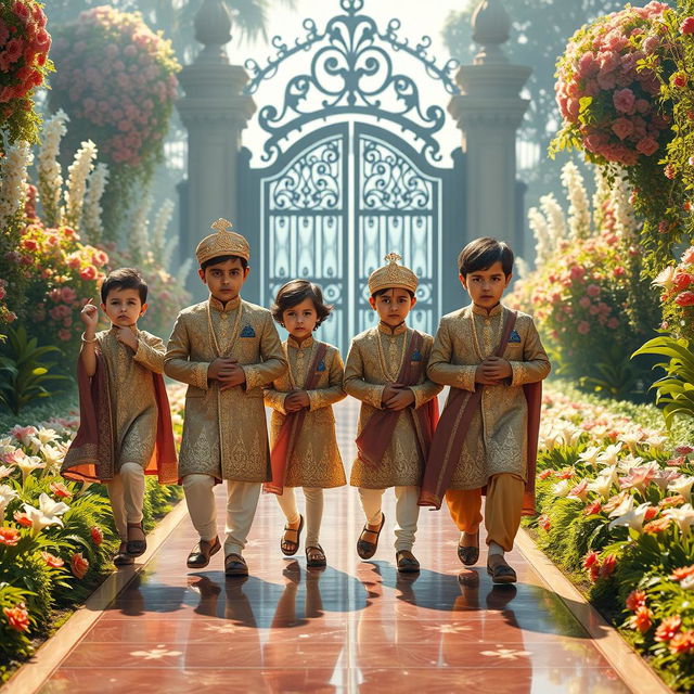 Four boys dressed in exquisite royal Indian attire, walking confidently with slightly angry expressions on a shining path leading to a majestic gate