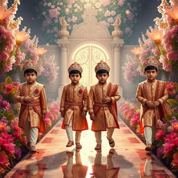 Four boys dressed in exquisite royal Indian attire, walking confidently with slightly angry expressions on a shining path leading to a majestic gate