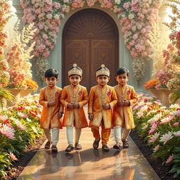 Four boys dressed in exquisite royal Indian attire, walking confidently with slightly angry expressions on a shining path leading to a majestic gate