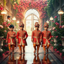 Four boys dressed in exquisite royal Indian attire, walking confidently with slightly angry expressions on a shining path leading to a majestic gate