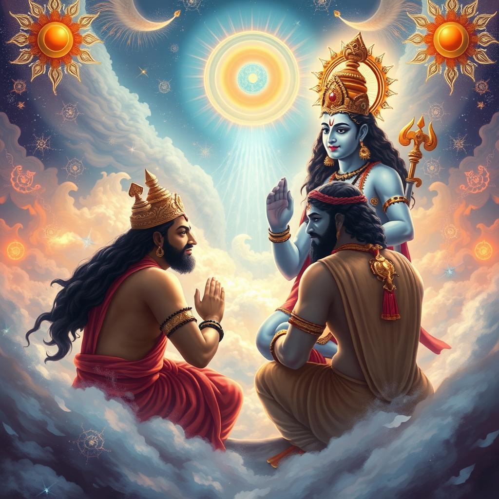 An illustration of Lord Vishnu explaining to his gatekeepers, Jaya and Vijaya, that by becoming His enemies, they would be eternally connected to Him through their thoughts