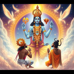 An illustration of Lord Vishnu explaining to his gatekeepers, Jaya and Vijaya, that by becoming His enemies, they would be eternally connected to Him through their thoughts