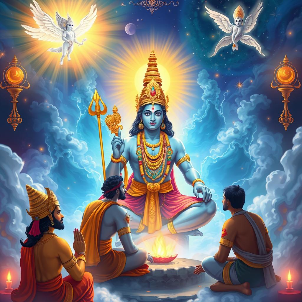 An illustration of Lord Vishnu explaining to his gatekeepers, Jaya and Vijaya, that by becoming His enemies, they would be eternally connected to Him through their thoughts