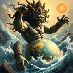 A depiction of Hiranyaksha, the powerful Asura granted a boon by Brahma, exuding arrogance as he submerges the Earth into the cosmic ocean, Garbhodaka, in his challenge to the gods