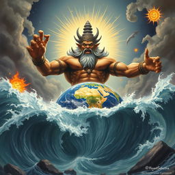 A depiction of Hiranyaksha, the powerful Asura granted a boon by Brahma, exuding arrogance as he submerges the Earth into the cosmic ocean, Garbhodaka, in his challenge to the gods