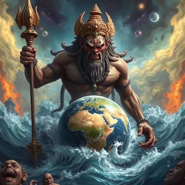 A depiction of Hiranyaksha, the powerful Asura granted a boon by Brahma, exuding arrogance as he submerges the Earth into the cosmic ocean, Garbhodaka, in his challenge to the gods