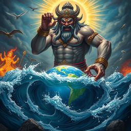 A depiction of Hiranyaksha, the powerful Asura granted a boon by Brahma, exuding arrogance as he submerges the Earth into the cosmic ocean, Garbhodaka, in his challenge to the gods