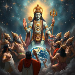 A majestic depiction of the gods seeking the aid of Lord Vishnu to save the Earth