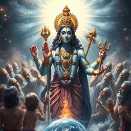 A majestic depiction of the gods seeking the aid of Lord Vishnu to save the Earth