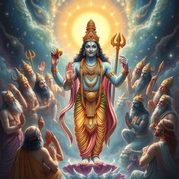 A majestic depiction of the gods seeking the aid of Lord Vishnu to save the Earth