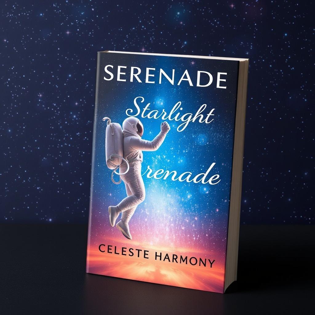 A captivating book cover for 'Starlight Serenade' by Celeste Harmony, featuring a space romance theme