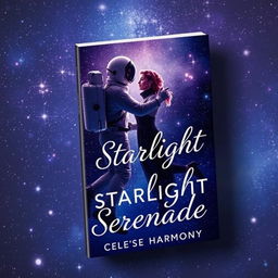 A captivating book cover for 'Starlight Serenade' by Celeste Harmony, featuring a space romance theme