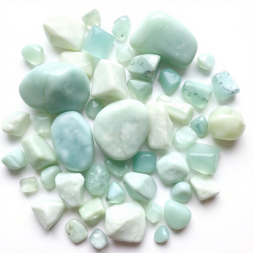 A collection of large and small Amazonite crystals arranged on a pristine white backdrop, each crystal showcasing a soft green to blue-green color palette