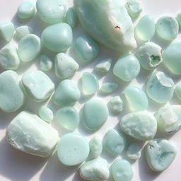 A collection of large and small Amazonite crystals arranged on a pristine white backdrop, each crystal showcasing a soft green to blue-green color palette