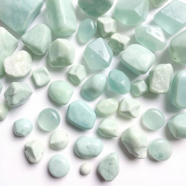 A collection of large and small Amazonite crystals arranged on a pristine white backdrop, each crystal showcasing a soft green to blue-green color palette