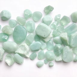 A collection of large and small Amazonite crystals arranged on a pristine white backdrop, each crystal showcasing a soft green to blue-green color palette