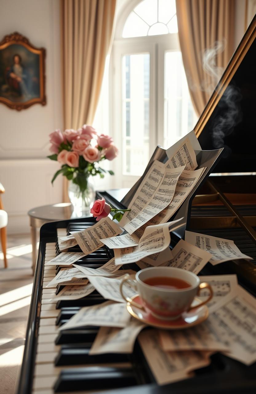 A detailed still life composition of classical music notes scattered across an elegant grand piano