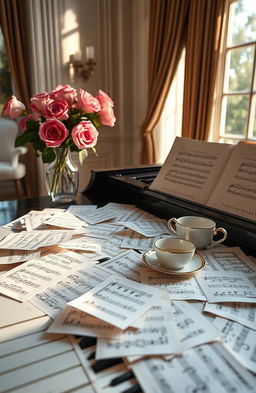 A detailed still life composition of classical music notes scattered across an elegant grand piano