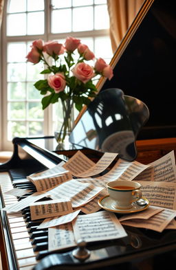 A detailed still life composition of classical music notes scattered across an elegant grand piano