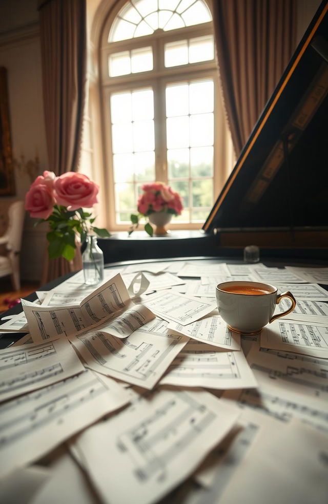 A detailed still life composition of classical music notes scattered across an elegant grand piano