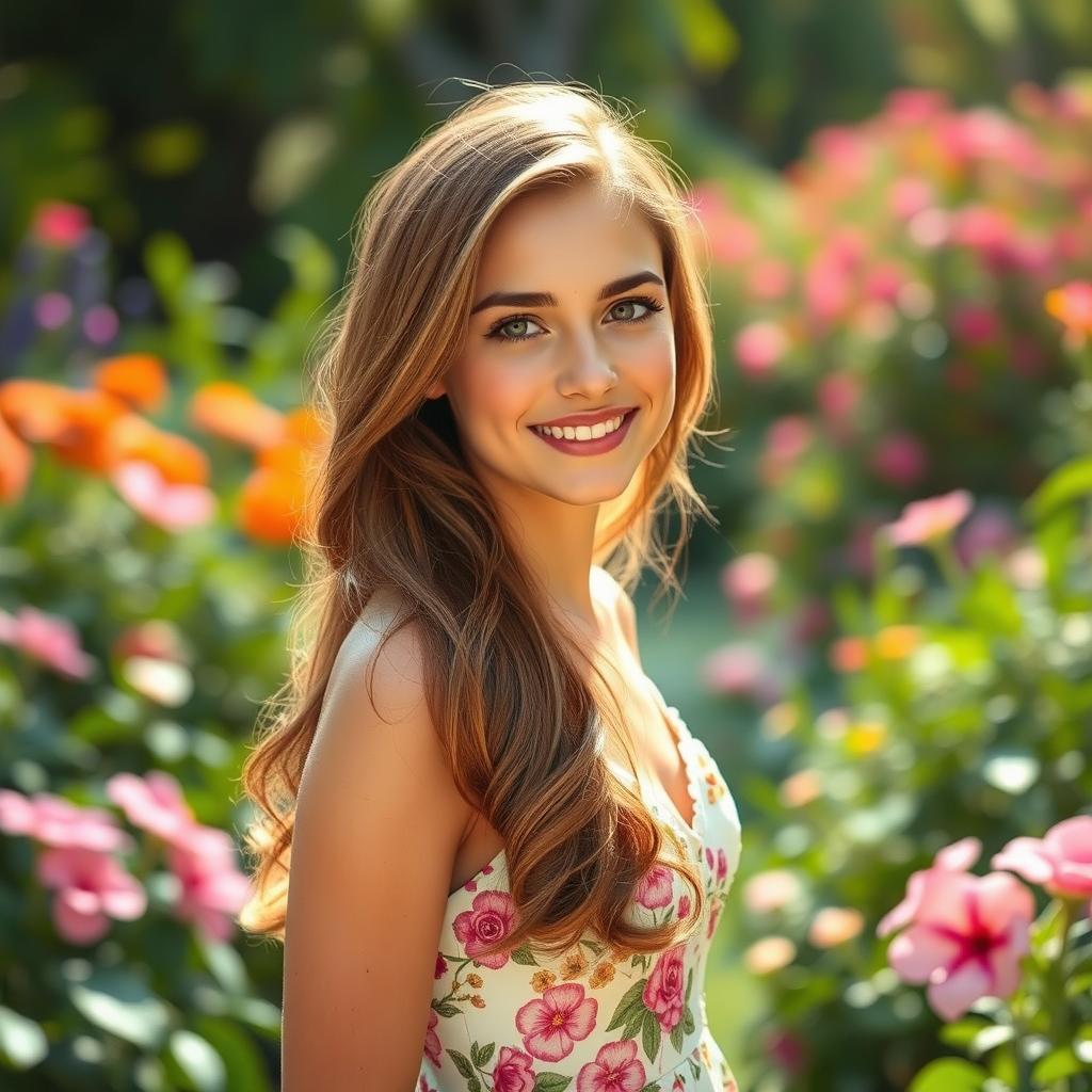 A beautiful young woman with a radiant smile, cascading brown hair, standing gracefully in a serene garden