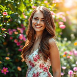 A beautiful young woman with a radiant smile, cascading brown hair, standing gracefully in a serene garden