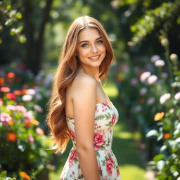 A beautiful young woman with a radiant smile, cascading brown hair, standing gracefully in a serene garden