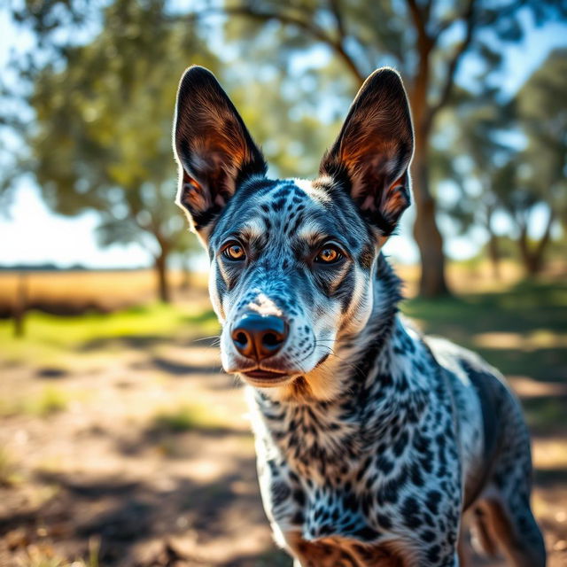 A beautifully detailed portrait of an Australian Cattle Dog in a natural outdoor setting