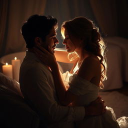 A sensual yet artistic depiction of intimacy, focus on the emotional connection and passion between two lovers, enveloped in atmospheric lighting that casts soft shadows, emphasizing their closeness and desire