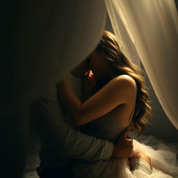 A sensual yet artistic depiction of intimacy, focus on the emotional connection and passion between two lovers, enveloped in atmospheric lighting that casts soft shadows, emphasizing their closeness and desire