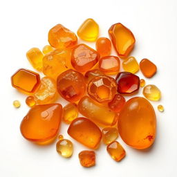 A display of large and small Amber crystals resting on a pristine white backdrop