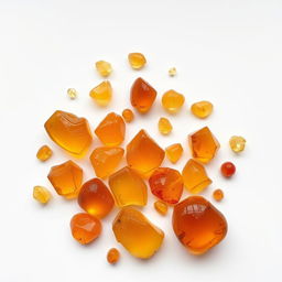 A display of large and small Amber crystals resting on a pristine white backdrop