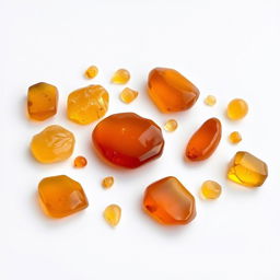 A display of large and small Amber crystals resting on a pristine white backdrop