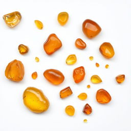 A display of large and small Amber crystals resting on a pristine white backdrop