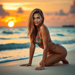 A confident and alluring woman wearing a sexy swimsuit, posed on all fours and facing forward with a captivating expression