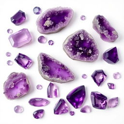 A stunning display of large and small Amethyst crystals arranged on a pristine white backdrop