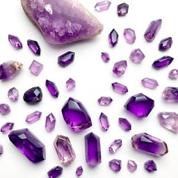 A stunning display of large and small Amethyst crystals arranged on a pristine white backdrop