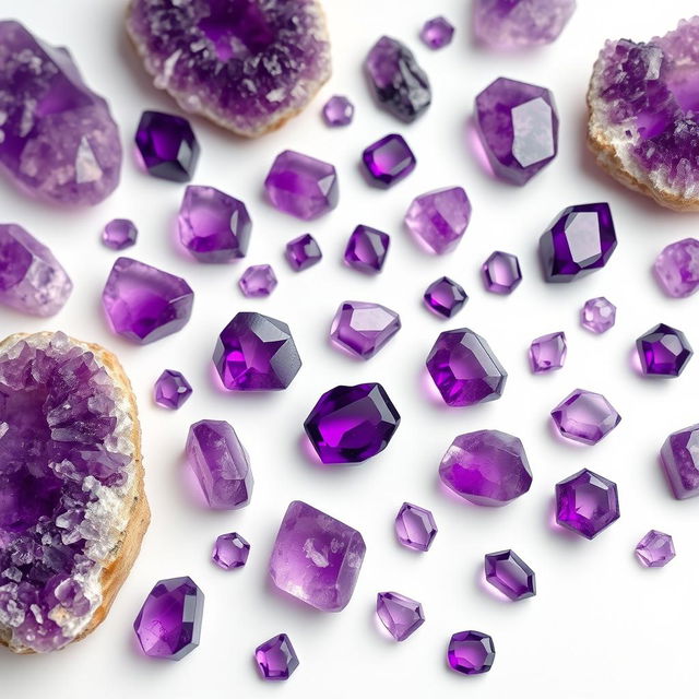 A stunning display of large and small Amethyst crystals arranged on a pristine white backdrop