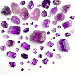 A stunning display of large and small Amethyst crystals arranged on a pristine white backdrop