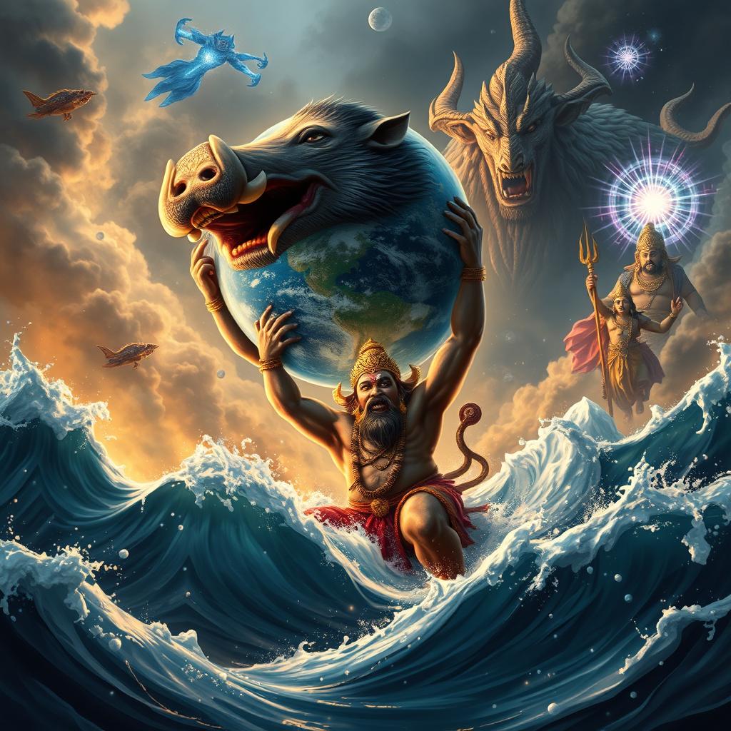 An epic scene depicting the Varaha Avatar, Lord Vishnu in the form of a majestic boar, descending into the cosmic ocean to lift the Earth on His tusks