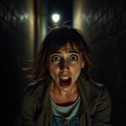 A woman with a terrified expression, wide eyes and a slightly open mouth, in a dark alleyway at night