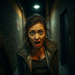 A woman with a terrified expression, wide eyes and a slightly open mouth, in a dark alleyway at night