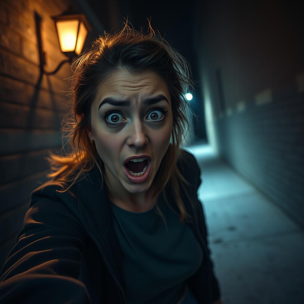 A woman with a terrified expression, wide eyes and a slightly open mouth, in a dark alleyway at night