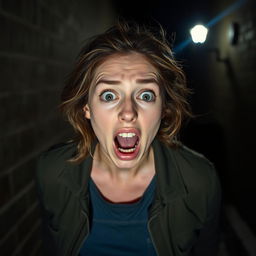 A woman with a terrified expression, wide eyes and a slightly open mouth, in a dark alleyway at night