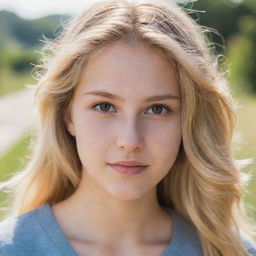 An 18-year-old girl with sunny blonde hair and soft brown eyes.