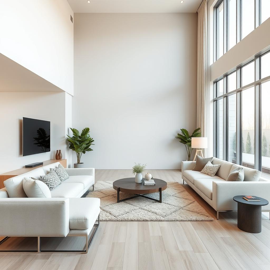 Modern living room with a minimalist design, featuring sleek furniture and an open floor plan