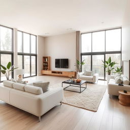 Modern living room with a minimalist design, featuring sleek furniture and an open floor plan