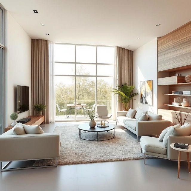 Modern living room with a minimalist design, featuring sleek furniture and an open floor plan