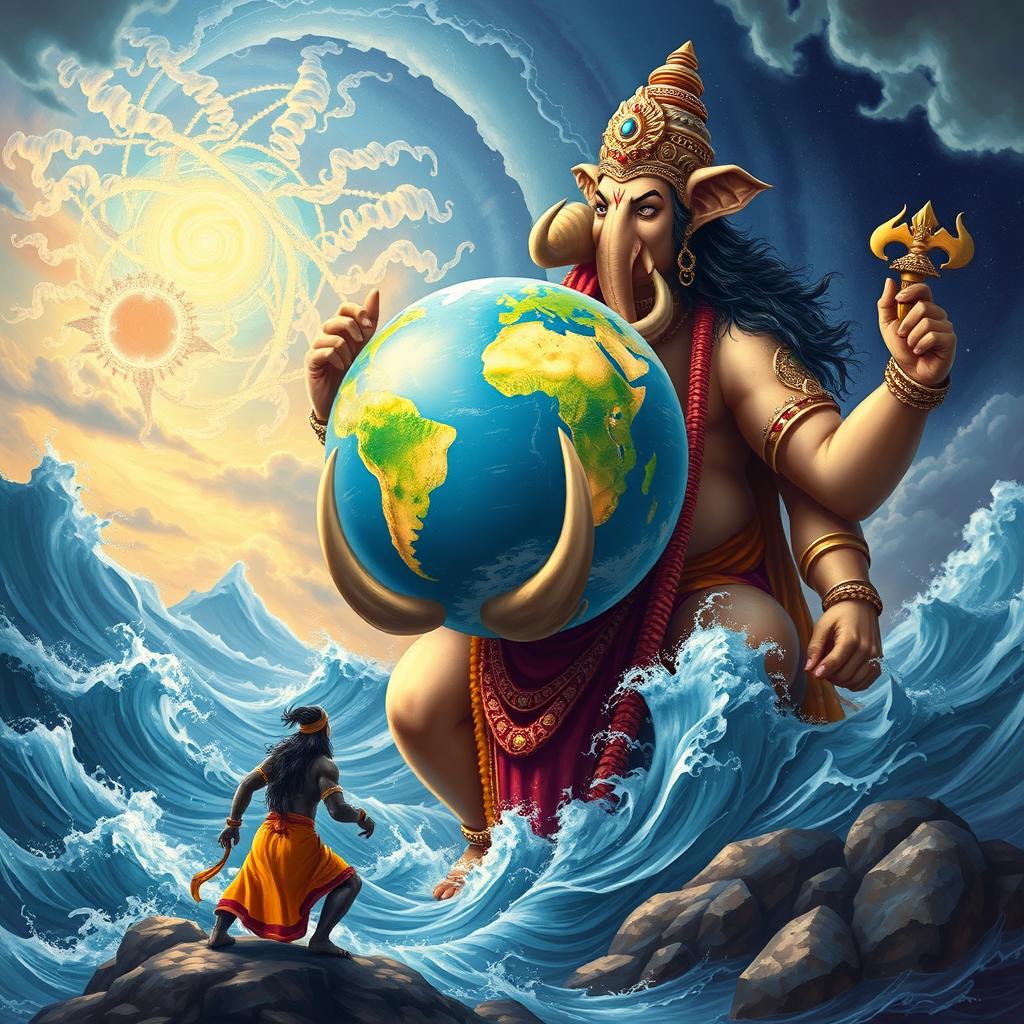 A grand illustration of Lord Vishnu in His boar form, Varaha, majestically lifting the Earth with the tusks of His mouth